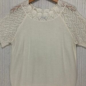 Blair Cream White Pointelle Eyelet‎ Short Sleeve Knit Sweater Scalloped Small